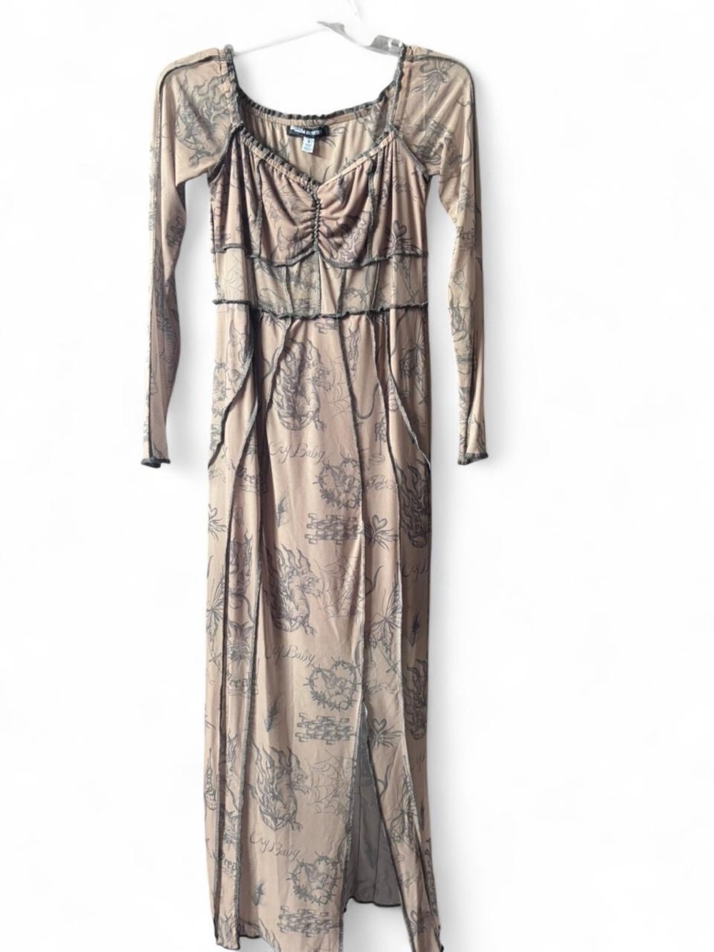 Urban Outfitters Ruched Long Sleeve Beige Maxi Dress with Black Print